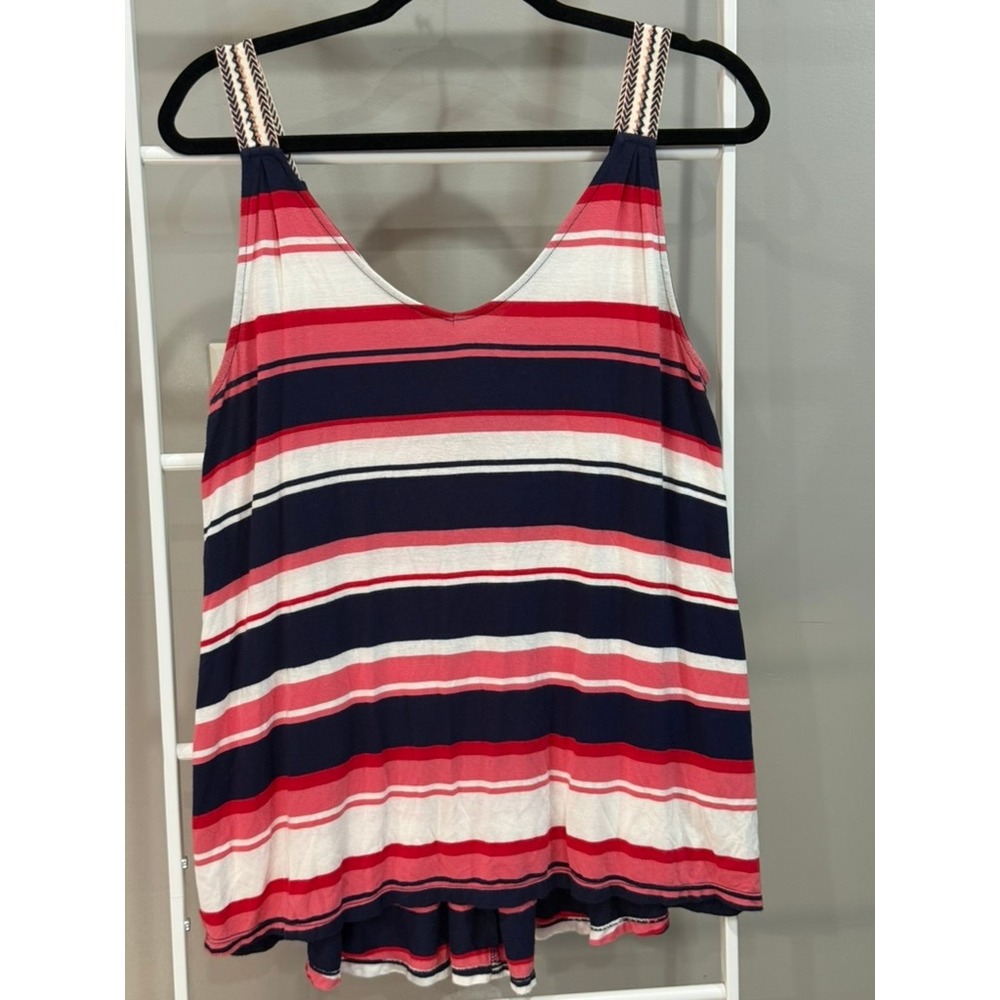 Max Studio Womens Striped V-Neck Tank Embroidered Straps M‎ Coastal Americana